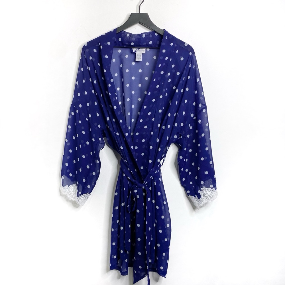 Soft Surroundings Polka Dot Lace Peignoir Belted Robe Blue White Size M